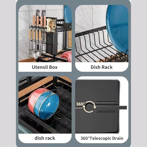 MY HOMIE Double Layer Kitchen Dish Rack, 42x31x33 cm 2 Tier Multifunctional Iron Dish Drying Rack with Drainboard and Utensil Holder Rustproof SpaceSaving Dish Drainer for Kitchen Countertop - Black - Image 5