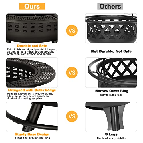 Hykolity Fire Pit With Cooking Grate, 32-Inch Outdoor Wood Burning Steel Bbq Grill Firepit Bowl With Log Grate Fire Poker For Backyard Bonfire Patio #TOP2