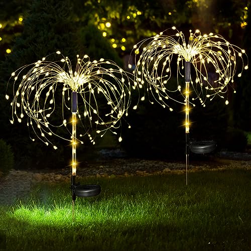 XRR 2 Pack 120 LED Solar Fireworks Lights, Outdoor Solar Lights with Glowing Stakes, 2 Modes, Warm White