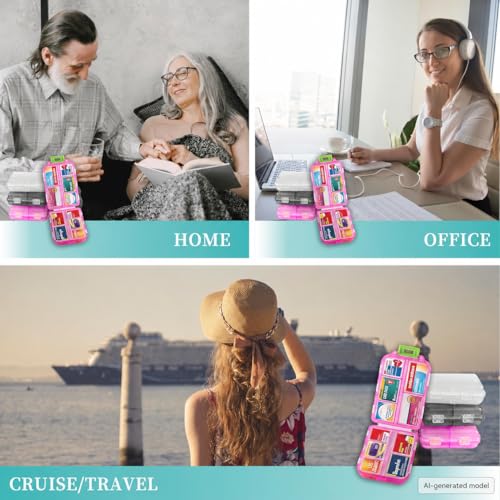Image of 3 Pack Pill Organizers with Medicine Labels, Pink White Grey | 3 compact pill cases with 3x161 medicine labels for 7-day planning, vitamins, travel, family use, and separate routines
