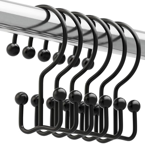 Image of Titanker Shower Curtain Hooks Rings, Rust Resistant Metal Minimalist Simple Double Glide Shower Hooks Rings for Bathroom Shower Rods Curtains, Set of 12 Hooks - Black