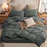 Picture of PURE ERA Jersey Knit Duvet Cover Set 100% T-Shirt Cotton Super Soft Comfy 3pc Bedding Set with Zipper Closure (Solid Dark Greenish Gray, Full)