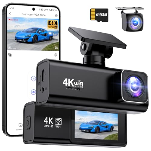 Topabol Dashcam Voiture Avant Arrière, 4K+1080P Camera Voiture, 1.97'' IPS WiFi Caméra Embarquée Voiture avec Carte SD 64G, Grand Angle 170°, Vision Nocturne, WDR, G-Capteur (Noir Obsidien)