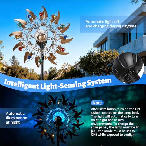 Solar Windrad Garten Metall mit Farbwechsel LED - Großes Windspiel Garten 190cm, Wetterfestes Windspiel Metall mit Federblättern & Kupfer-Optik, Windmühle für Außen Terrasse Balkon