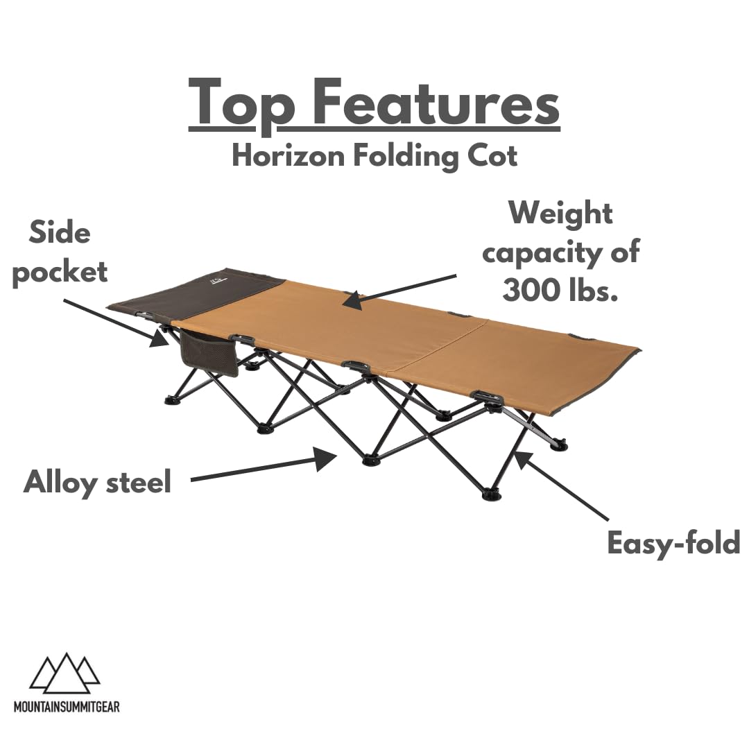 MOUNTAIN SUMMIT GEAR Horizon Cot, Foldable Camping Cot for Children & Adults, Durable Sleeping Pad with Steel Frame That Holds 300 lbs, Folding Bed Includes Side Storage (by Caddis Sports)
