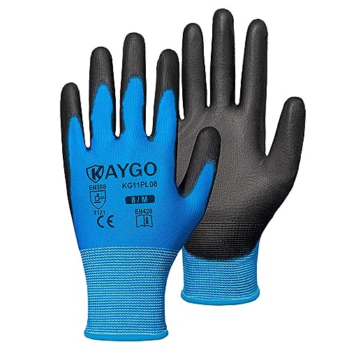 Image of KAYGO Safety Work Gloves for Men Women, PU Coated Palm & Fingers, KG11P | Smooth Grip, Breathable & Lightweight, 13-Gauge Seamless Knit, for Light Warehouse, Manufacturing, Gardening