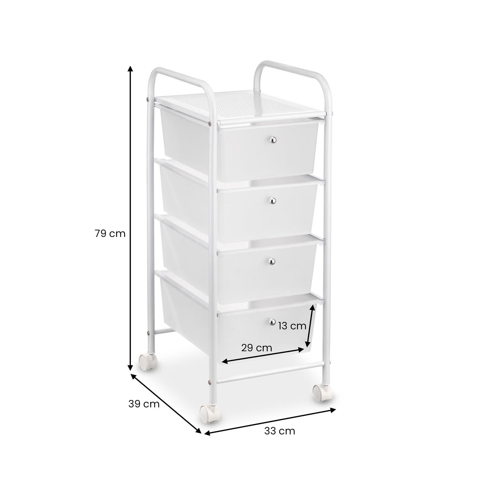 IDIMEX Caisson sur roulettes GINA Chariot avec 4 tiroirs en Plastique Blanc Transparent et 1 étagère, Meuble de Rangement pour Salle de Bain en métal laqué Blanc