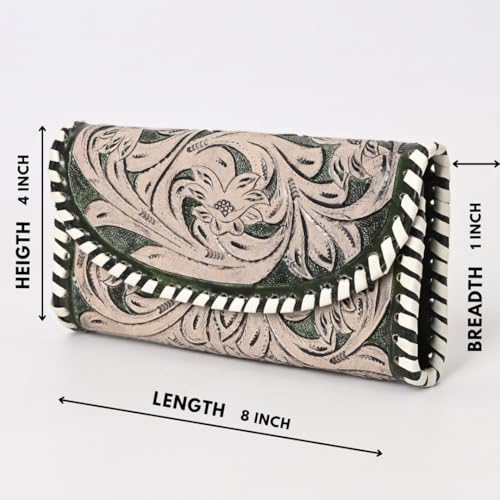Floral Embossed Leather Clutch – Western Style Handmade Wallet for Women – Vintage Tooled Design with Snap Closure – Compact Purse for Cards & Cash (Green & Tan)4