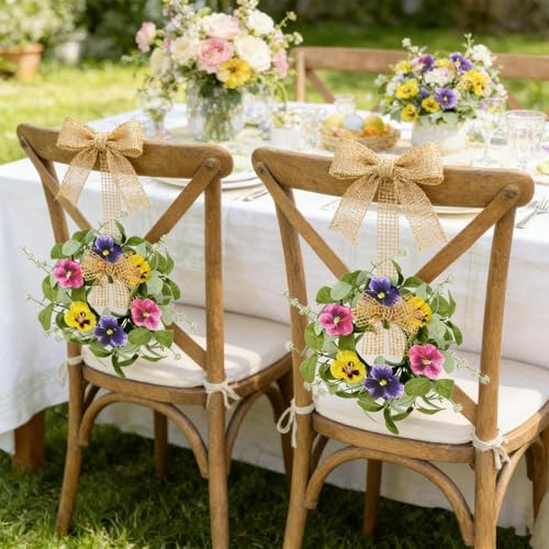 Image of 4 PCS Mini Spring Summer Kitchen Cabinet Wreaths Small Pansy Flowers Wreath for Front Door with Fern Branches Ribbon Small Flocked Lamb Ear Leaves Wreath for Indoor Outdoor Farmhouse Porch Wall Decor