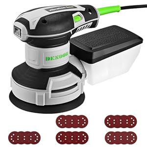 DESOON Random Orbit Sander 300W with 20Pcs Sandpapers, 6 Variable Speed 14000RPM, 125mm Sander with Brake System and Dust Extraction for Sanding, Polishing Wood, DIY, Home