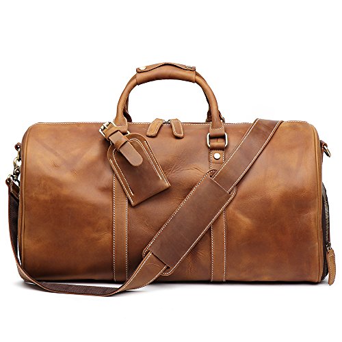 Leathfocus Leather Travel Luggage Bag, Mens Duffle Retro Carry on Handbag (Brown)