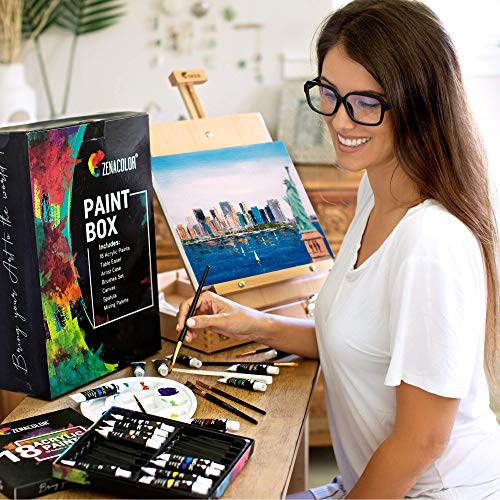 28pc Acrylic Paint Set with Wood Case - 18 Tubes of Acrylic Paints, 6 Paint Brushes, Canvas 24x30cm, Palette and Palette Knife - Art Supplies for Adults Artists and Professionals - Thumbnail 6