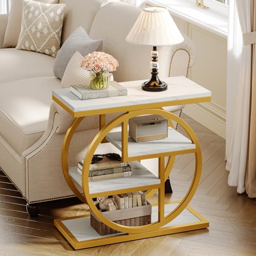Image of Tribesigns End Table Set of 2, Narrow Faux Marble Side Table with Storage Shelves, 4-Tier Modern Skinny Sofa Side Table with Geometric Metal Frame for Bedroom, Living Room, White & Gold