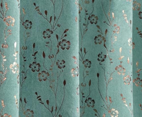 Image of Velvet Golden Foil Flower Pattern Curtains 7 Feet Long Pack of 1, Aqua