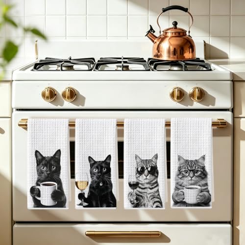 Image of 4 Pcs Funny Cat Kitchen Towels 24x14 Inch, Funny Reusable Dish Towels for Kitchen Coffee Station Wine Bar Decor, Waffle Weave Absorbent Hand Cloth Tea Towel, Cat Lover Gifts for Women Mom Friend