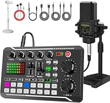 【Professional Live Broadcast Equipment】 All-in-one podcast kit for live streaming and recording include: Sound Mixer, Podcast microphone, Microphone tripod, Earphone, XLR cable, 3.5mm audio cable X 2, USB Type-C cableX1, mobile phone holder X1.This p...