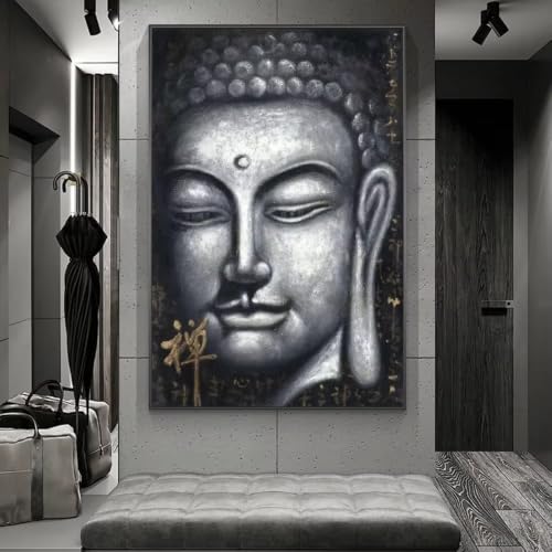 Tableau Bouddha argenté salon déco zen pièce à vivre vintage 50x70 cm