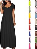 Maxi Dress Casual Short Sleeve Cotton Swing Long Maxi Dress Scoop Neck Flowy Sundress with Pockets for Beach Holidays
