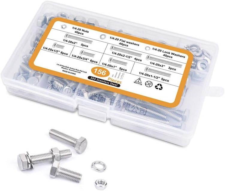 156pcs 1/4-20 304 stainless steel outer hexagon bolt with nut flat spring washer set box