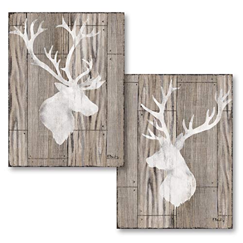 Beautiful Contemporary Deer and Elk Silhouettes on a Faux Wood Style Background; Lodge Decor; Two 11x14in Prints. Brown/White