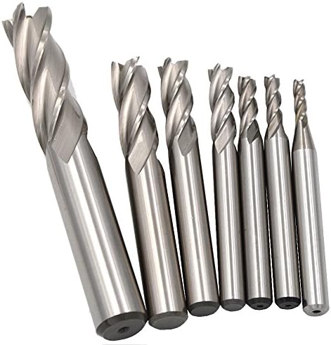 Wokesi Pack of 7Pcs,1/8'' 5/32'' 3/16'' 1/4'' 5/16'' 3/8'' 1/2''Blade Diameter,High Speed Steel (M2AI),Full Grinded,Square Nose End Mill Cutter CNC Router Bits (1/8+5/32+3/16+1/4+5/16+3/8+1/2 4Flute)