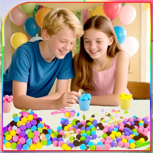 Image of Bbiamsleep 262 Pcs Summer Ice Cream Sensory Bin Filler Fine Motor Skills Summer Ice Cream Sensory Bin Items Counting Sorting 180 Pom Poms Decorations for Summer Sorting Counting Training