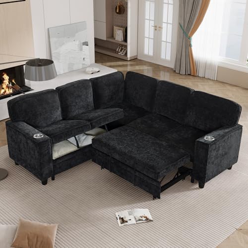 Image of KEIKI 81 inch L-Shaped Oversized Chenille Modular Sectional Sleeper Sofa with Pull-Out Bed, Storage Seat, Modern 5-Seater Upholstered Couch Bed with Charging Station, Easy Assembly, for Living Room, Black