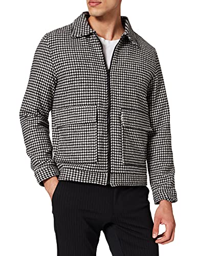 Marchio Amazon - find. Wool Harrington Giacca Uomo, Nero (Blk/White Dog Tooth), M, Label: M