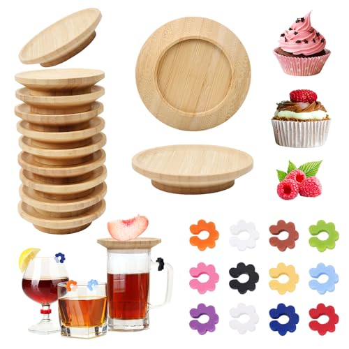 HWSWSH 10 Pz Topper per Bicchieri da Vino in Bambù 10 CM, Coperchi per Bicchieri da Vino di Legno, Copri per Tazze Riutilizzabili con 12 Marcatori di Bevande Identificatore Colorati per Casa, Bar