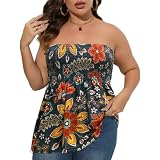Comeon Plus Size Tube Top for Women Strapless Pleated Off The Shoulder Tops Solid Summer Casual Sleeveless Tunic Tank Top Stretch Sexy Blouse Tank (Floral,3XL)