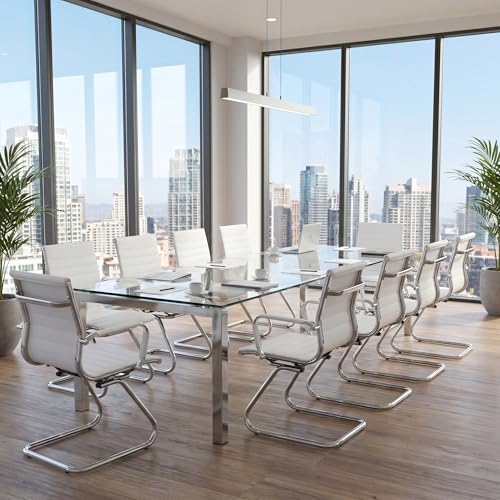 Image of HNY Leather Office Guest Chairs & Reception Chairs Set of 10, Modern Waiting Room Chairs with Arms, Desk Chair no Wheels with Sled Base for Waiting Room /Conference Room, White