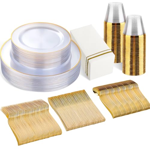 SUT 175 PCS Clear and Gold Plastic Plates, Plates Disposable Heavy Duty for 25 Guests, Disposable Plates for Party and Wedding, Party plates and Cups and Napkins Sets, Plastic plates Disposable