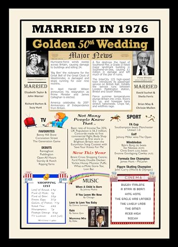 1976 50th Golden Wedding Anniversary Married in 1976 A4 Framed Poster 50 Years Ago Facts & Trivia Print Unique Keepsake for Couples Parents & Grandparents