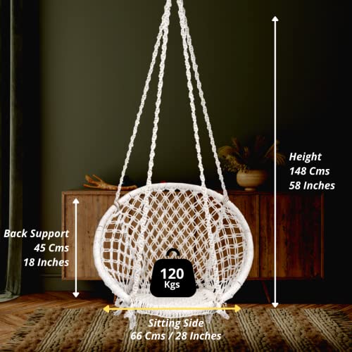 Image of Patiofy Cotton Netted Round Large Swing for Adults /Swing for Balcony /Swing Chair for Adults for Home /Hammock Swing for Adults /Swing Chair Wooden /Without Hanging Kit (120Kgs Weight Capacity- White)