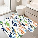 Colorful Cartoon Jurassic Dinosaur Bathroom Rugs Bath Mats Sets 3 Piece, Imitation Cashmere Kids Dino Bath Mat, Memory Foam U-Shaped Contour Shower Mat Non Slip Absorbent, Velvet Washable 20 x 31 inch