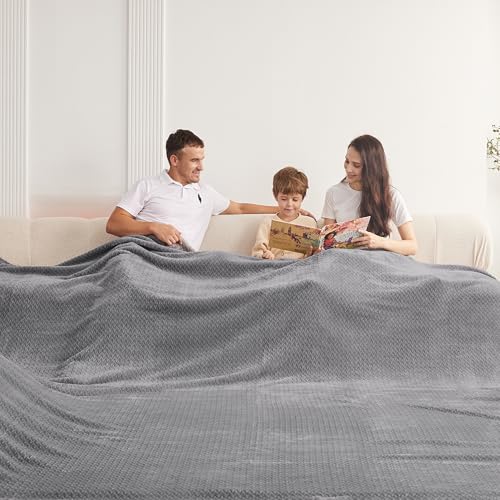 Oversized King Fleece Blanket 120x138 Inches, Seamless Soft Cozy 3D Jacquard Flannel Blanket 10'x11.5' Extra Large for Bed, Sofa, Couch, Travel & Camping, California King Throw, Light Grey Leaf