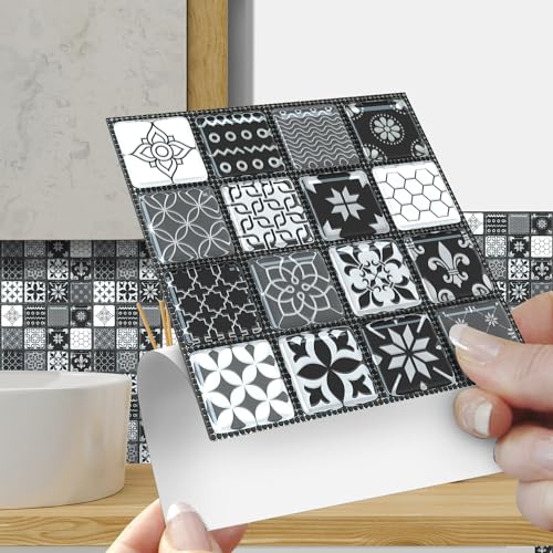 Alwayspon 25Pcs Peel&Stick Mosaic Wall Tile Transfers for Home Decor, 4x4inch Self-Adhesive Waterproof Vinyl Splashback Sticker Tile Decal for Kitchen Bathroom, Black and White Mediterranian