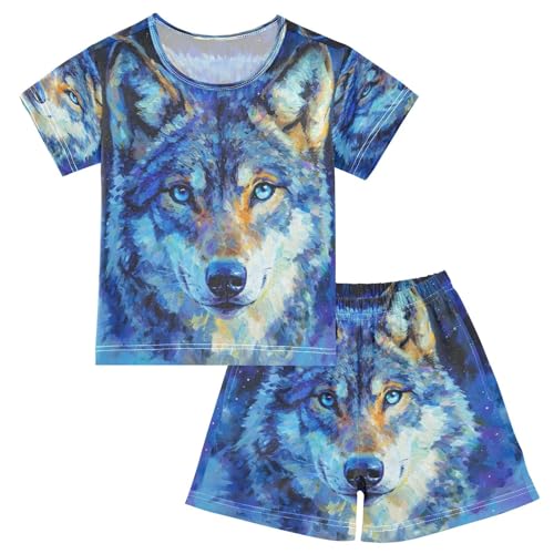 ALAZA Wolf Watercolor Blue Pajamas Set Short Sleeve Cotton Sleepwear Summer Pjs 2 Piece 5-14Y