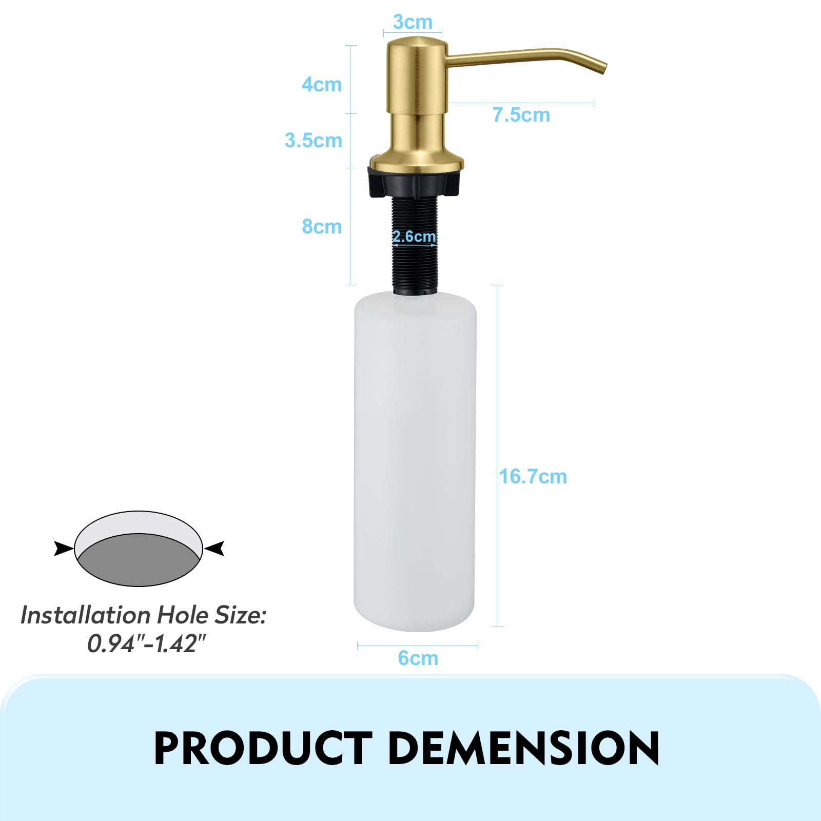 CREA Fregaderos de cocina, dispensador de jabón integrado, dispensador de detergente para fregadero, montaje en encimera con botella de 500 ml y manguera de extensión de 1 m de llenado superior, acero