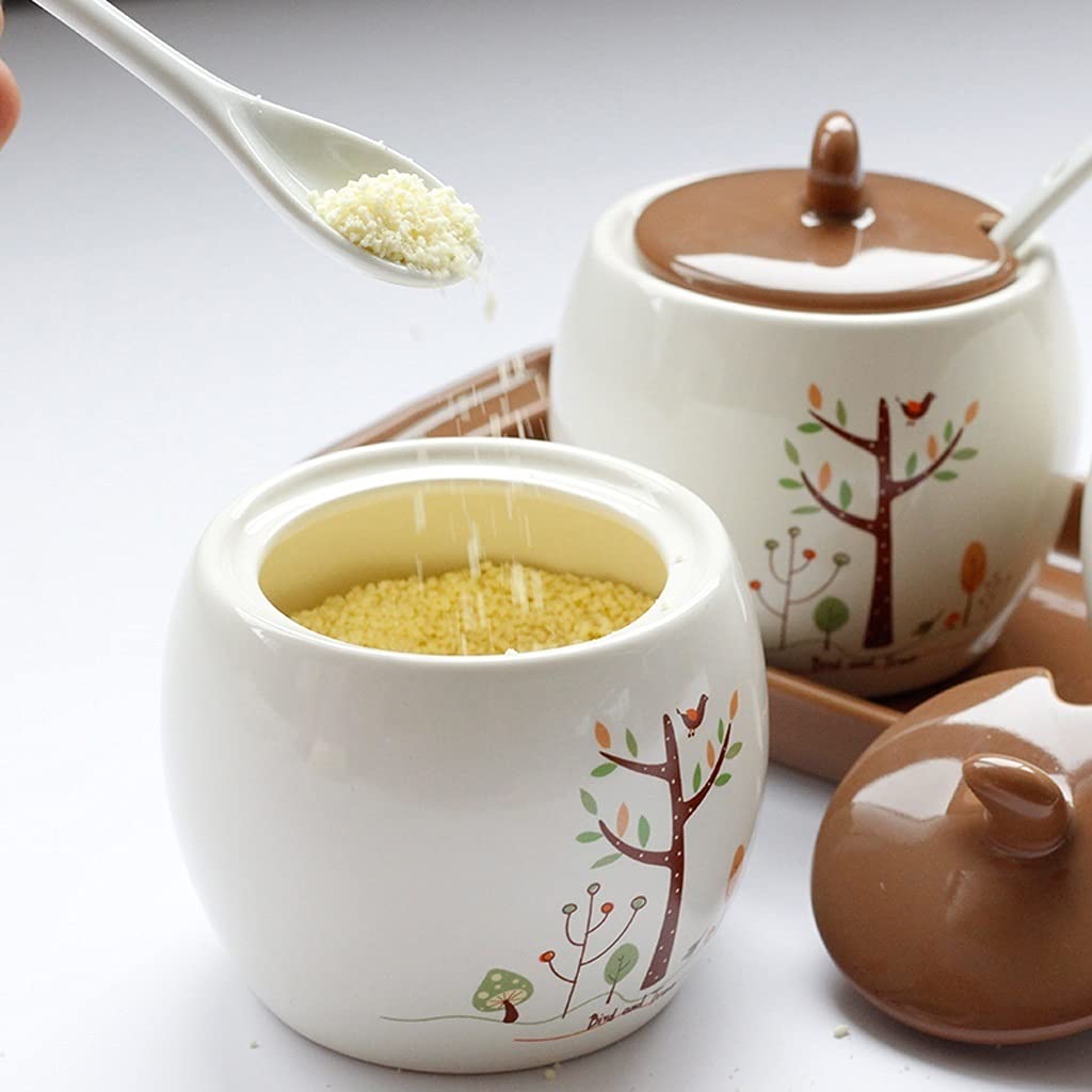 TBLOTYD Condiment jar Kitchen Ceramic Seasoning Jar Spice Container with Lid Seasoning Box Sugar Bowl with Spoon and Tray Seasoning Jars