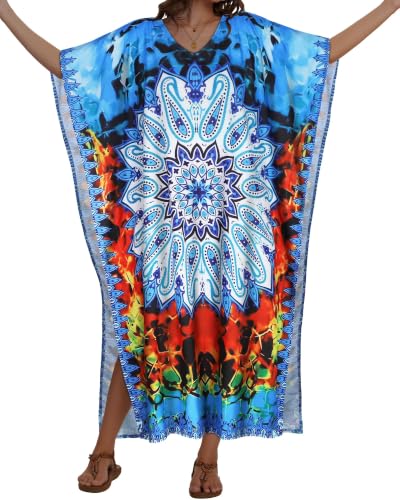 Image of Kaftan Dresses for Women V Neck Caftan Batwing Sleeve Swimsuit Cover Up | JILUVIN Plus Size Beach Swimwear Dress, Loose Fit Maxi Print Moomoo, Casual Mumu Nightgown Mrs Roper Costumes Vocation 2026