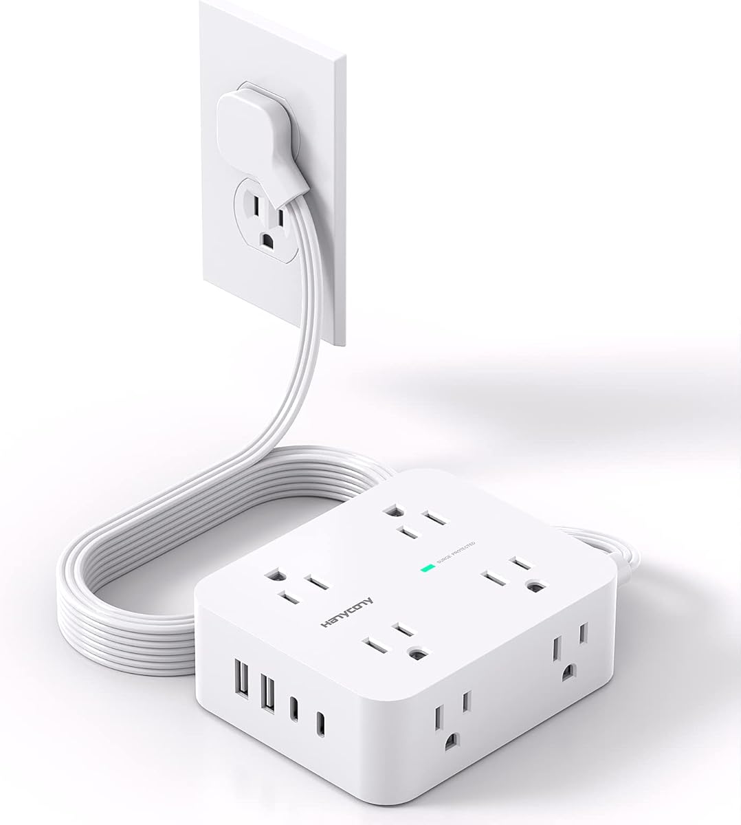Surge Protector Power Strip, HANYCONY Extension Cord with Multiple Outlets, 5 Ft Ultra Thin Flat Plug 8 Outlets 4 USB Ports(2USB C), 1080J Outlet Extender for Home Office College Dorm Room Essentials