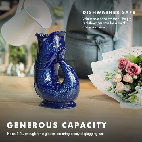 Glug Jug The Bubble Jug® Dark Cobalt Blue 1.5L Litre Extra Large Fish Shaped Decorative Ceramic Glugging Cocktail, Water and Gin Gurgling Pitcher