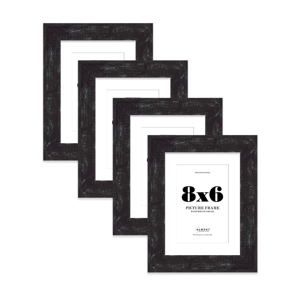 8x6" Distressed Black Picture Frame with 6x4" Mount - Barnwood Photo Frame with Distressed Finish, Wall Hooks and Kickstand, 32mm Edge - 4 Pack