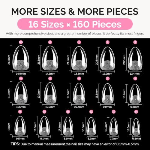 Image of MelodySusie Short Almond X Nail Tips - 16 Sizes 160 Pcs | Pre-Shaped Soft Gel,Half Matte Full Cover Clear Acrylic Press on Nails for DIY Extension&Salon,Long-Lasting Manicure