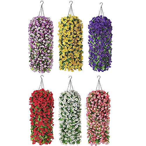 Artificial Flowers Hanging Basket Planter, Fake Plant, Silk Morning Glory Long Branches Stems, Faux Orchid Flower Arrangement For Outdoor Garden Yard Pouch Patio Indoor Home Decoration (Pink) #TOP4