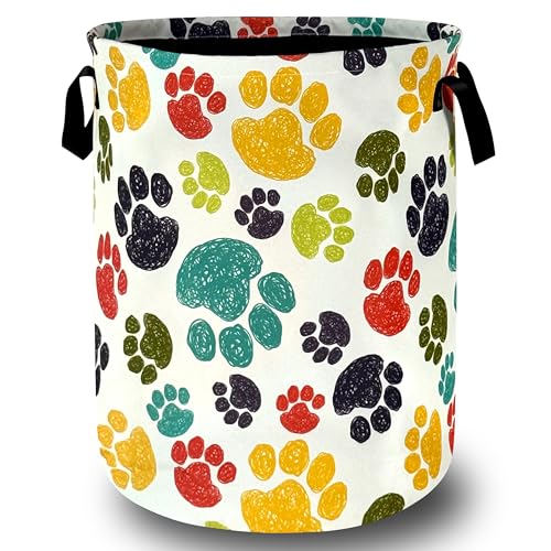 Image of Colorful Dog Paw Laundry Basket With Handles Oxford Cloth Tote Bag Animal Laundry Hamper 18.9" x 16.5" Foldable Clothes Storage Bucket Toy Organizer For Bathroom/Laundry/Bedroom