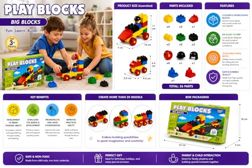 Image of Negi Play Block CAR Set Play Blocks Big Blocks Car Set, 26 Pieces Educational Building Blocks Toy for Kids 3+ Years, Colorful Interlocking Construction Set