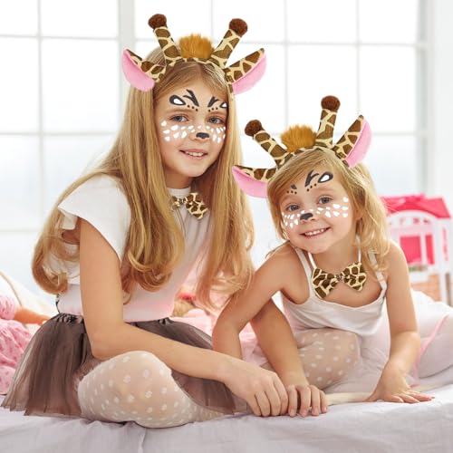 SAIIURV 5 Stück Kostüm Giraffen für Kinder Tierkostüm mit Giraffe Ohren Haarreif Fliege Schwanz Gesichtstattoo Mädchen Tutu, Tierohren Stirnband Halloween Fasching Karneval Fasching Party (Deer)