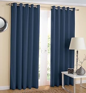 Hachette Thermal Blackout Curtains Eyelet Ring Top Including Pair of Tiebacks (Navy Blue, 46" x 54")